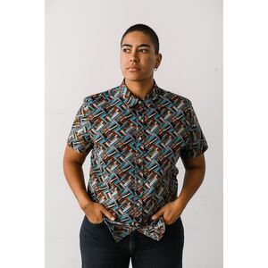 WILDFANG Brown Blue Graphic Essential Button Up Shirt Top    Women's Size Medium